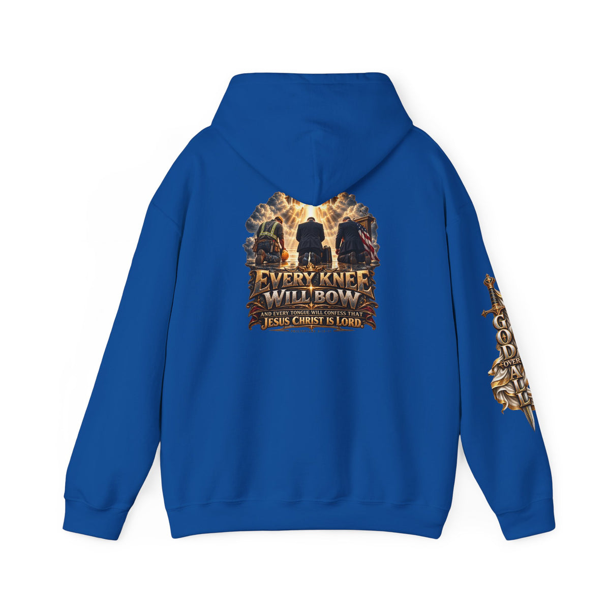 Religious Hoodie — “Every Knee Will Bow / One God, One Salvation” Christian Pullover